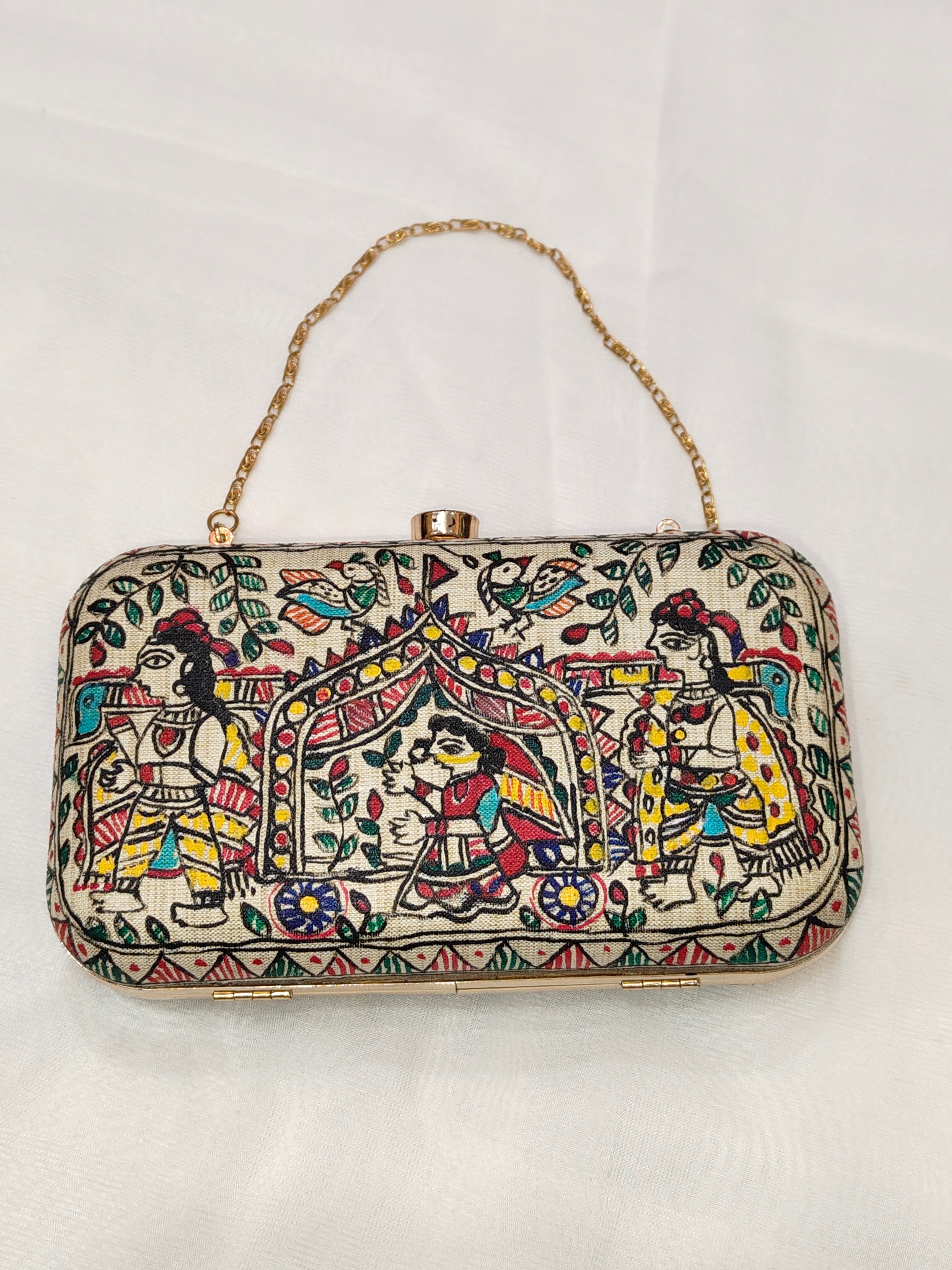 Handpainted Madhubani Silk Clutch – Doli Ka Haar & Peacock Design